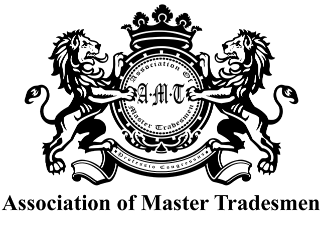 Black-and-white crest with two heraldic lions supporting a circular seal labeled AMT, and the banner reading 'Association of Master Tradesmen' underneath.